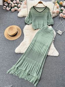 Singreiny Casual Trey Two Piece Sets Summer Women Hollow Out Tops Tassel élastique jupe Dames Corée Y2k Beach Suits 240319