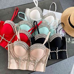 Singreiny Design Beading Strap Crop Tops Damesmode Mouwloze Backless Bra Camisole Zomer Sexy Off Shoulder Slim Tank Top 210419