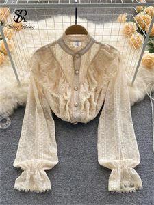 Singreiny elegante Franse blouse vrouwen temperament zoete ruches losse casual tops lente lange mouw streetwear witte shirts 240424