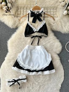 Singreiny Erotic sans bretelles de sous-vêtements Sous-vêtements Bow Lace Up Sensual Role Play Set Fashion Maid Uniforme Sexy Lingerie Jirt Suits 240419