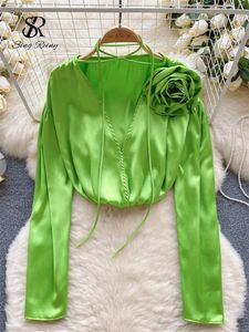 SINGREINY mode 3D Blouse en Satin fleuri de haute qualité manches longues haut ample Streetwear coréen élégant solide Sexy chemises décontractées 240322