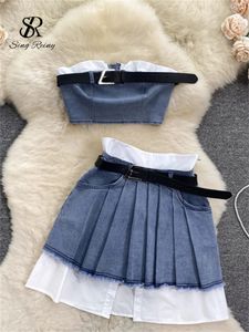 Singreiny Fashion American Retro Y2k Sexy Denim Suits Mujeres Mini Mini Top Mini Skirt Vintage Beach Set 240411