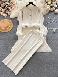 SINGREINY – costume deux pièces tricoté de haute qualité, cardigan à manches longues et plumes, jupe à taille élastique, ensemble pull doux à la mode, 231228