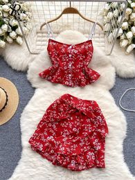 Singreiny Ins Holiday Floral Sets Female Strap Sans manches courtes courtes camiselastiques Shorts de taille de la taille Fashion