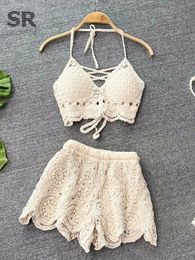 Singreiny Knit Two Piece Sets Femmes Summer Vacation Backless Camisole Camisole Shorts Hollow Out Y2K Place Style Suits 240412