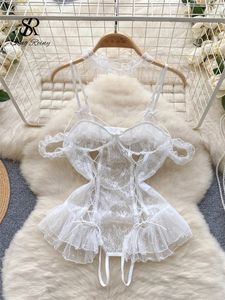 Singreiny Lace Camis Open Crotch Erotische Bodysuits Hollow Out Transparant Slim Playsuits Women Sexy Lingerie Sheer Porno Rompers 240419