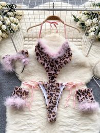Singreiny Leopard Bodys érotiques sensuels Lingerie Hollow Out Lace Up Sheat Romeprs Halter Backless Wool Sweet Sexy PlaySuit 240419