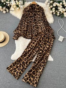 Singreiny Leopard Vinage Automne décontracté costumes plis lâches Blouse à revers Topwide Pantalon Long Pantal