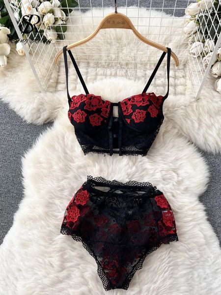 SINGREINY Lencería Sensual de encaje Floral, trajes de 2 piezas, bordado sin espalda, conjuntos de ropa interior erótica transparente íntima corta elegante 240127