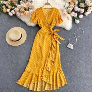 Singreiny Retro Polka Dot Wrap Dress Dames V-hals Korte Mouw A-Lijn Sundress Summer Boheemse onregelmatige ruches Lange jurken 210419