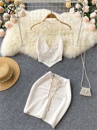 SINGREINY, conjunto liso de estilo coreano para mujer, minifalda elegante de verano con cuello en V y espalda descubierta con cordón, conjuntos de dos piezas de corte A 240123