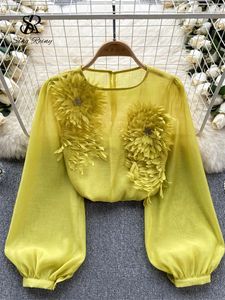 Singreiny Spring losse satijnen blouse vrouwen o nek lange mouwen pure Boheemse top 2024 transparant 3D bloemen casual shirt 240514