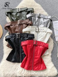 Singreiny sans bretelles Pu Leather Mini Tops pour femmes Chic Backless Tank With Zipper Belt Slim Design Club Fashion Sexy Camisole 240415