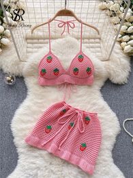 Singreiny Strawberry Sweet Beach Twee stukken Sets Halter Backless Camisshort Skirts Fashion Hook Flower Hollow Out Suits 240402