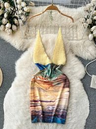 SINGREINY été licou Sexy robe de plage femmes Patchwork bohème imprimé robe d'été courte doux dos nu mince tricot robe courte 240307