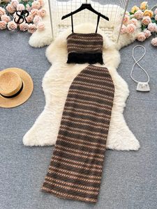 Singreiny Summer Knitted Beach Twee stukken Pakken Dames Riem Camislong Skirts Fashion Hollow Out Vintage Bohe Slim Sets 240415