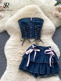 Singreiny Sweet Denim Two Pieces Sets Zipper sans bretelles Y2K Topellastic Mini Culottes Lace Up Cross Bandage Streetwear Costumes 240410