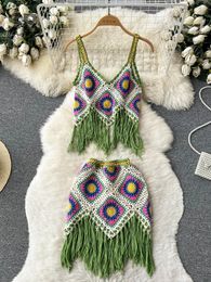 Singreiny Tassel Knit Two Piece Sets Summer Bohemian Style Hollow Out Design Vacation STRAP JUPT CAMISOLE Y2K Suits de style plage 240411