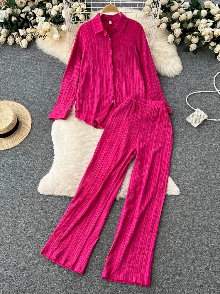 SINGREINY Women Casual Suits Two Piece Outfits Office Lady Long Sleeve Shirt Suits Pleated Long Pants Autumn Loose Two Piece Set