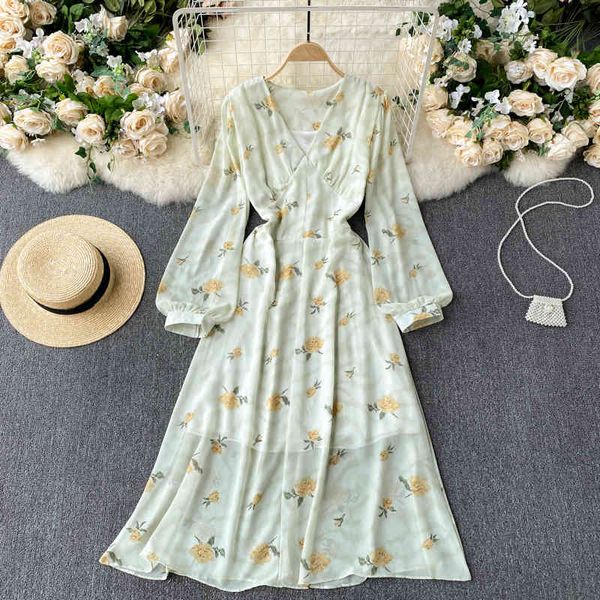 Singreiny Mujeres Vestido de impresión de gasa Mujeres French Puff Manga V Cuello A-Line Vestidos Primavera Boho Casual Vacaciones Midi Vestido largo 210419