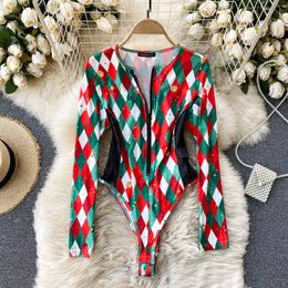 Singreiny Vrouwen Diamond Plaid Bodysuit Koreaanse Mode Zipper O Hals Lange Mouw Slanke Rompertjes Herfst Sexy Bodycon Jumpsuits 210419