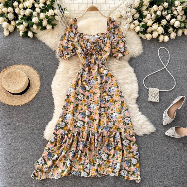 SINGREINY Mujeres Francés Floral Vestido Dulce Puff Manga V Cuello A-line Ruffles Vestidos Verano Bohemio Imprimir Vacaciones Vestido Largo 210419