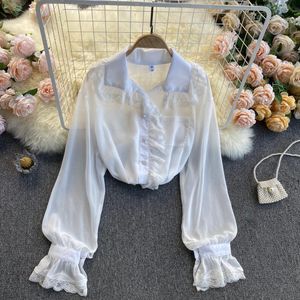 Singreiny Vrouwen Koreaanse perspectief blouse veer turn-down kraag bladerdeeg mouw losse tops solide chiffon kant patchwork blouses 210419