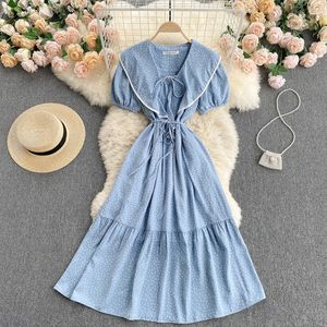 SINGREINY Mujeres Polka Dot Dress Sweet Korean V Neck Puff Sleeve Ruffles Vestidos Verano Bohemian Print A-line Midi Vestido largo 210419