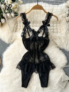 Singreiny Women Sexy Sheer Underwear Bodysuits Mouwloze Ruffles Hollow Out Erotic Playsuits Female Lace Open Crotch Rompers 240419