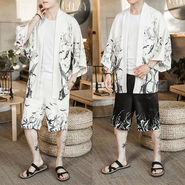 Sinicism Store 2020 imprimer blanc été lâche survêtement hommes hommes Kimono Shorts costume ensembles mâle Style chinois 2 pièces ensembles vêtements X0610