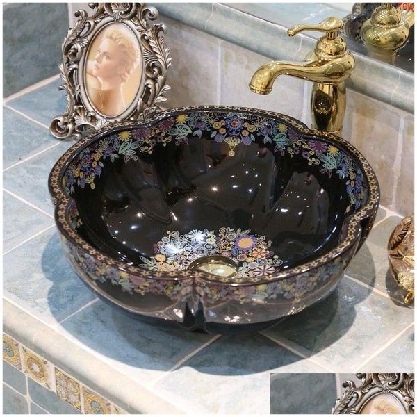 Conjuntos de grifos para fregadero Porcelana Hecho a mano Baño chino Cerámica Arte Lavabo a mano Fregaderos Negro Colorgood Qty Qpjfw Drop Del Homefavor Dhh76