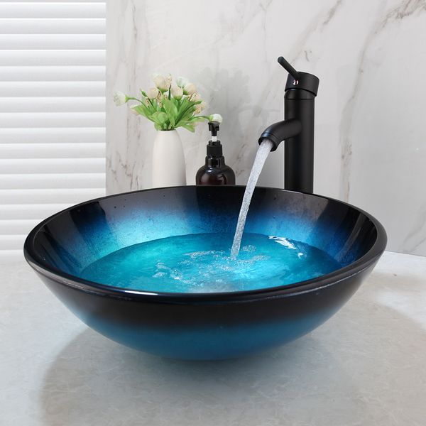 Sinlaku Blue Salle de bain Température de bassin en verre Round Basin monté avec un mélangeur de robinet chaud et froid noir