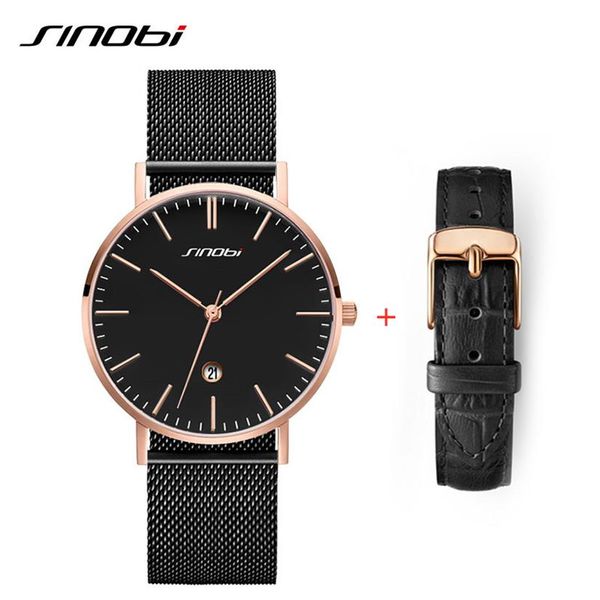 SINOBI Relojes para hombre Reloj de pulsera de cuarzo con calendario y banda de malla de acero inoxidable de negocios para hombre Reloj analógico simple con correa de cuero Set232S