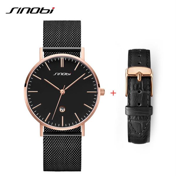 SINOBI, relojes para hombre, correa de malla de acero inoxidable de negocios para hombre, reloj de pulsera de cuarzo con calendario, reloj analógico Simple para hombre, correa de cuero Set241u