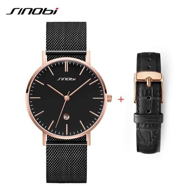 SINOBI, relojes para hombre, correa de malla de acero inoxidable de negocios para hombre, reloj de pulsera de cuarzo con calendario, reloj analógico Simple para hombre, correa de cuero Set245I