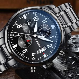 Sinobi montres hommes étanches en acier inoxydable en acier inoxydable pilote de bracelet Chronographe Date Sport Diver Quartz Watch Montre Homme 2789