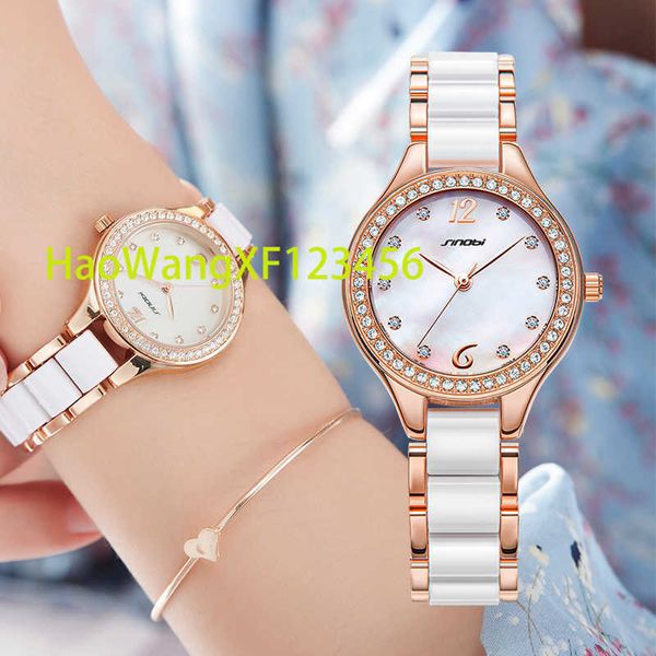 SINOBI, Reloj de lujo para Mujer, Reloj de pulsera elegante de oro rosa con diamantes para Mujer, Reloj de pulsera de cuarzo, Reloj de cerámica resistente al agua, Reloj de regalo para Mujer