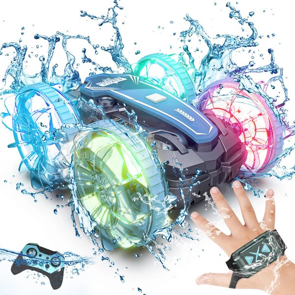 Sinovan Barco de control remoto anfibio 4WD Gesture RC Car con luces LED Juguetes de piscina de acrobacias impermeables para niños 240228