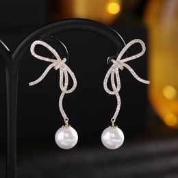 Sinzry Mode Kostuum Sieraden Koreaanse Stijlvolle Cubic Zirkoon Bowknot Pearl Vintage Dangle Oorbellen voor Vrouwen