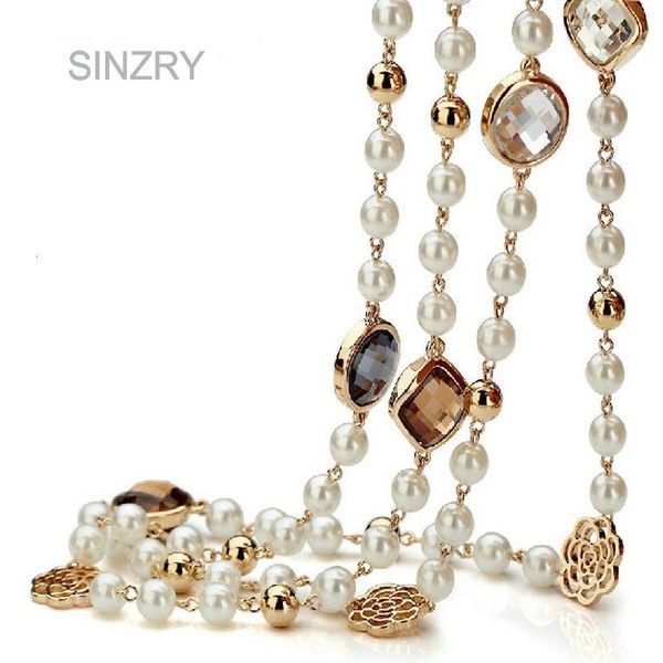 SINZRY vente cubique zircon rose fleur simulé perle long collier pour femmes pull hiver collier cadeau de noël 240220