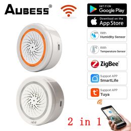 Siren 2 en 1 Tuya Smart Zigbee WiFi Sirène Alarme Température Humidité Capteur 90 dB Sound Light Home Security Alarm Works Zigbee Gateway