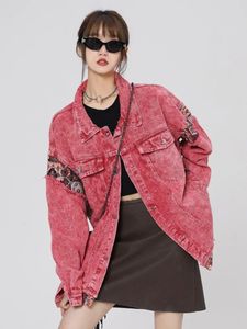 Siri Pink Stitching Plus Size Denim Jacket Vrouwelijke lente en herfst -Amerikaanse High Street Sweet Cool Retro Tooling Jacket Hipster 240329