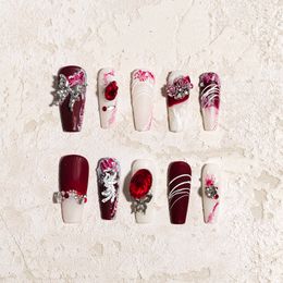 Sisful Crimson Caress - Elegant Red Red Long Coffin Handshed Press -On Nails