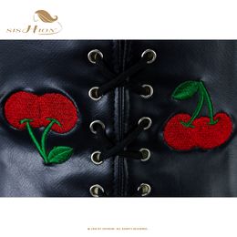 Sishion Gothic brede elastische onderborst Cherry Embroidery Corsets for Women VD3473 PU Leer Zwart Vintage Corset Gorset Belt