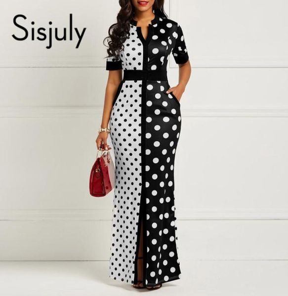 Sisjuly Vestido ajustado vintage Mujer Largo Negro Blanco Lunares Vendaje Dividido Flaco Oficina Señora Elegante Fiesta Sexy Maxi vestidos Y18444048