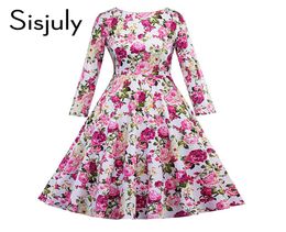Sisjuly vintage jurk retro groen roze bloemenprint jaren 1950s stijl elegant o nek feestwerk herfst winter lange mouwen jurken6870449
