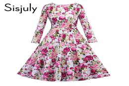 Sisjuly vintage jurk retro groen roze bloemenprint jaren 1950s stijl elegant o nek feest werk herfst winter lange mouwen jurken1771191