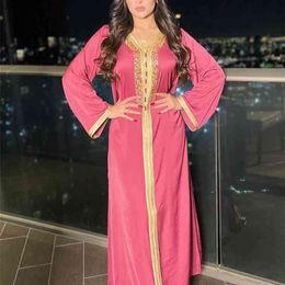 Siskakia Ramadan Eid Roze Maxi Jurk voor Dames Mode Moslim Turkije Arabisch Dubai Diamond Ribbon V-hals Lange Mouw Jalabiya 210915