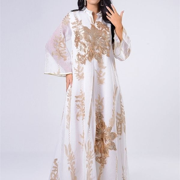 Sisakia Paillettes brodées Abaya Robe pour femmes Marocaine Kaftan Turquie Arabe Jalabiya Blanc Islamique Ethnique Robe Eid 210623