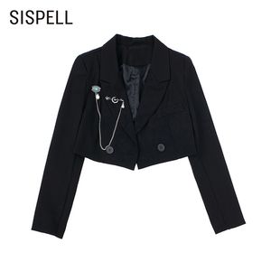 SISPELL Patchwork Metal hebilla mujer Blazer abrigo solapa cuello manga larga recortada para mujer abrigos Streetwear 210531